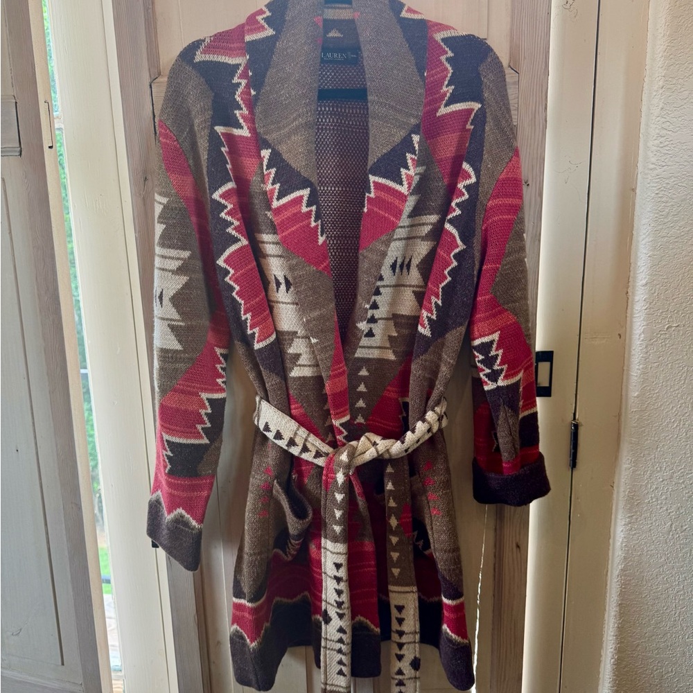 Lauren Ralph Lauren Brown Cardigan with Pink and Cream Accents